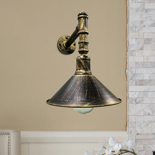 Rustic 1-Light Sconce Wall Lamp In Antique Brass With Pipe Arm