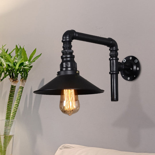 Vintage Black Iron Sconce With Flared Bulb And Right Angle Arm For Restaurant Wall Mount