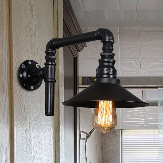 Vintage Black Iron Sconce With Flared Bulb And Right Angle Arm For Restaurant Wall Mount