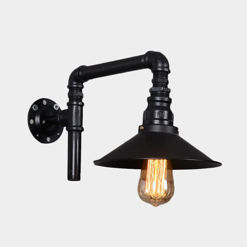 Vintage Black Iron Sconce With Flared Bulb And Right Angle Arm For Restaurant Wall Mount