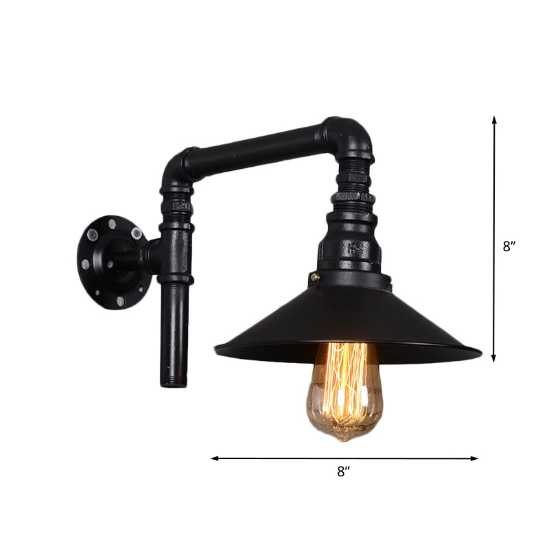 Vintage Black Iron Sconce With Flared Bulb And Right Angle Arm For Restaurant Wall Mount