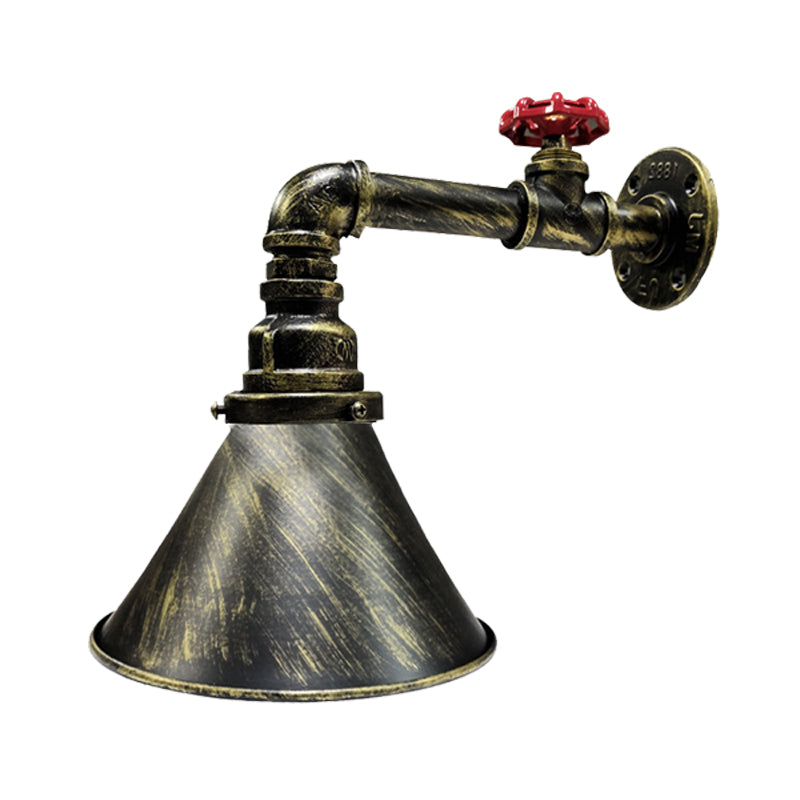 Vintage Industrial Iron Bronze Sconce With Red Valve Deco - 1-Head Wall Lamp Fixture