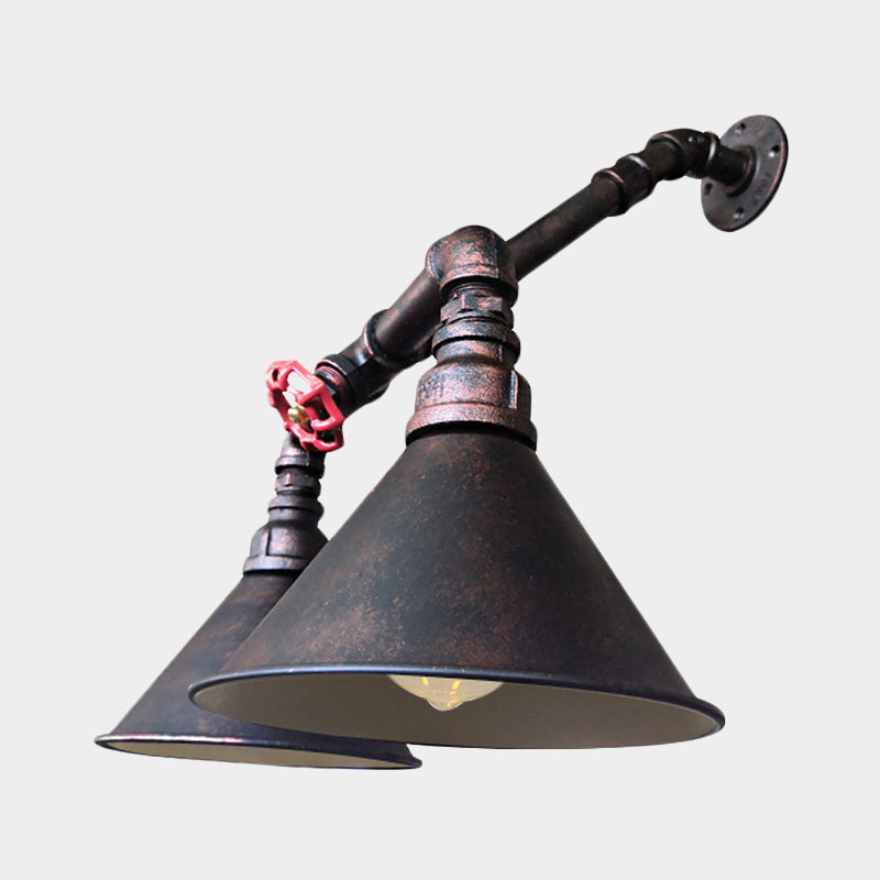 Modern Flared Metallic Wall Mount Sconce With Antiqued Design And Red Valve Accent