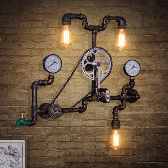 Industrial Rustic Metal Bicycle-Shaped Sconce Light Fixture With 3 Bulbs - Ideal For Restaurants