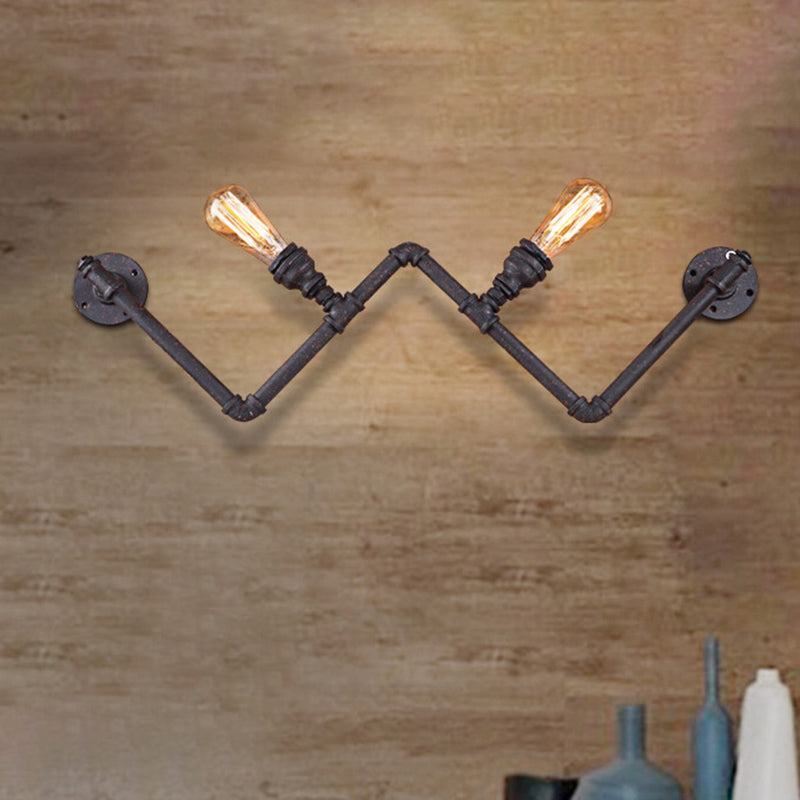 Farmhouse Iron Wall Sconce With Pipe Design - Black 2-Bulb W-Shaped Lamp Fixture