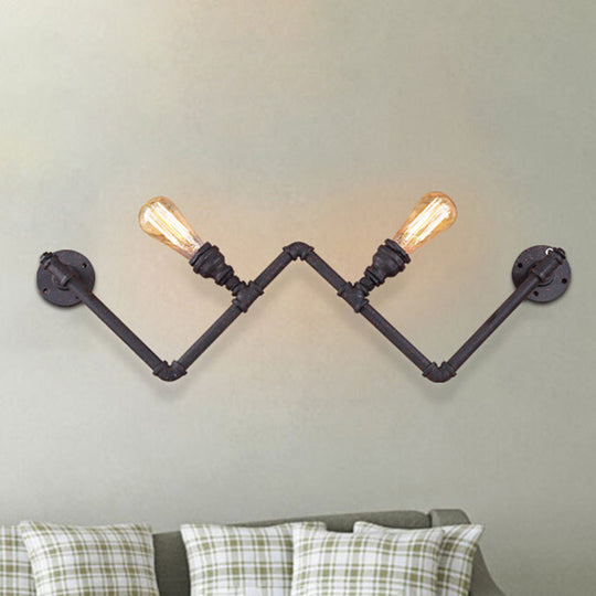 Farmhouse Iron Wall Sconce With Pipe Design - Black 2-Bulb W-Shaped Lamp Fixture