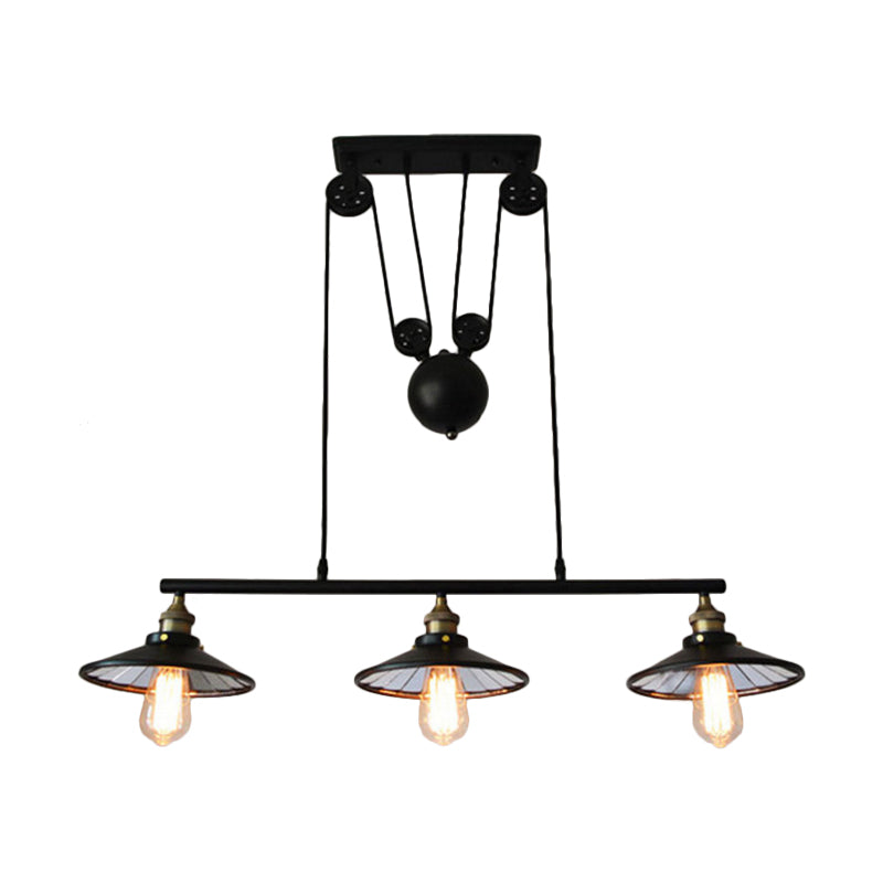 Flared Black Farmhouse Pendant Light With Pulley Design And 3 Bulbs - Perfect For Restaurants