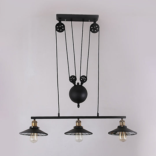 Flared Black Farmhouse Pendant Light With Pulley Design And 3 Bulbs - Perfect For Restaurants