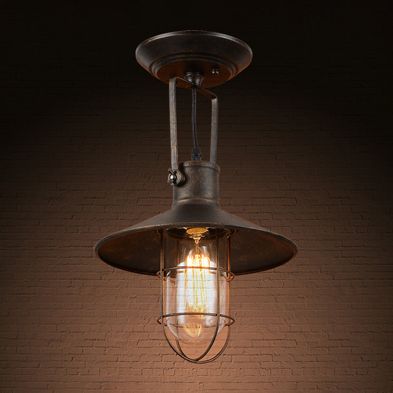 Industrial Wide Flare Semi Flush Mount Lamp in Rust with Cage and Handle