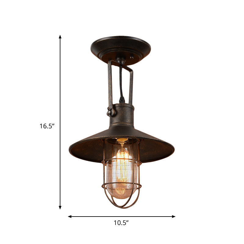 Industrial Wide Flare Semi Flush Mount Lamp in Rust with Cage and Handle