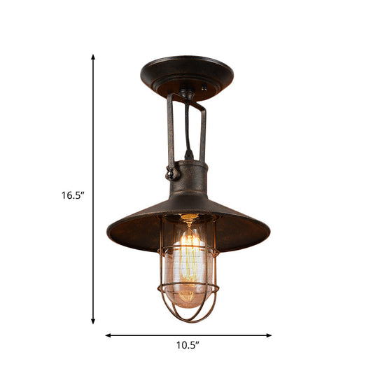 Industrial Wide Flare Semi Flush Mount Lamp in Rust with Cage and Handle