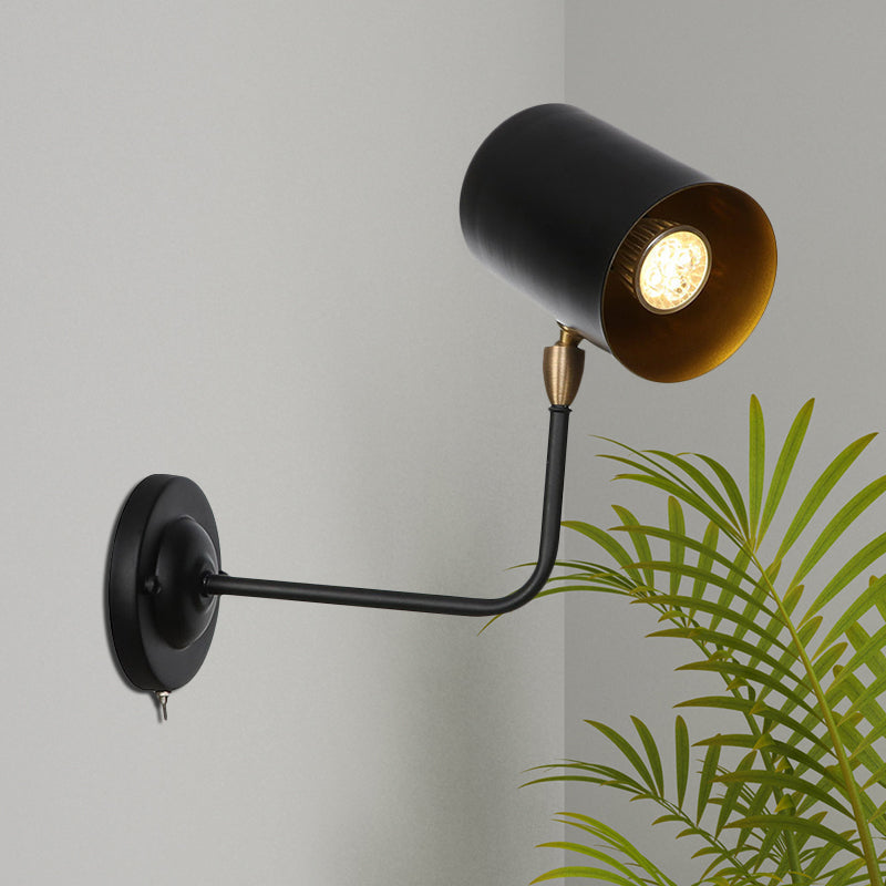 Industrial Wall Mounted Sconce Lamp In Black - Cylinder Metallic Light Fixture With Bend Arm For