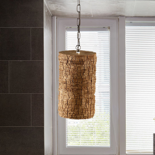 Industrial Brown Resin Pendant Ceiling Lamp - 1 Light Cylinder Hanging Kit With Timber Pile Design