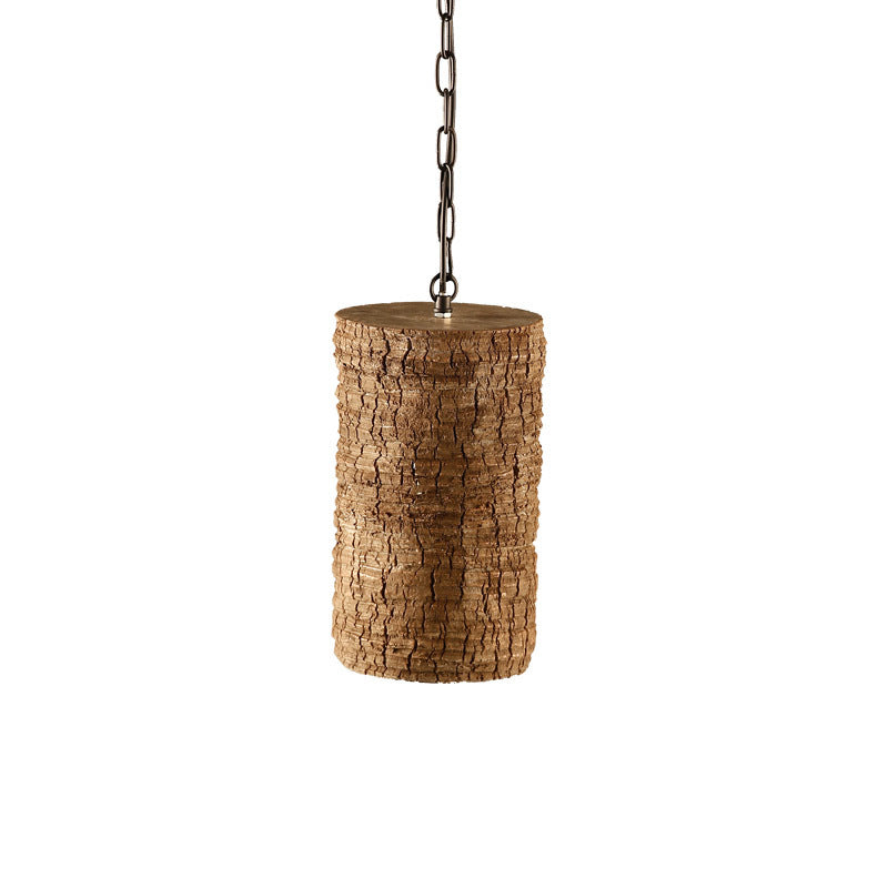 Industrial Brown Resin Pendant Ceiling Lamp - Timber Pile Design - 1 Light Cylinder Hanging Light Kit