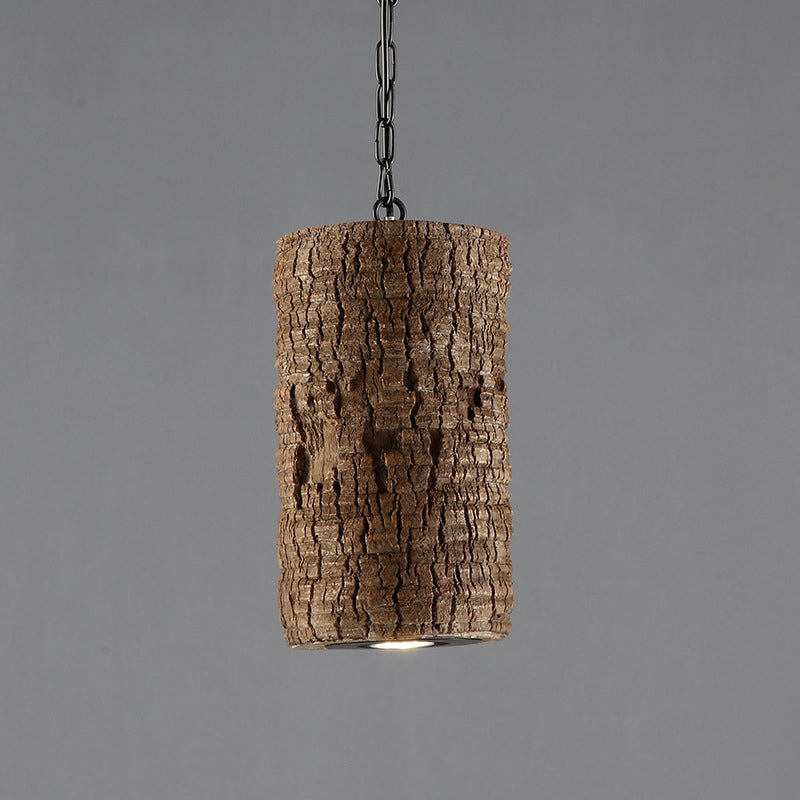 Industrial Brown Resin Pendant Ceiling Lamp - 1 Light Cylinder Hanging Kit With Timber Pile Design