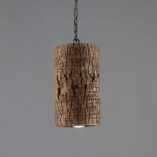 Industrial Brown Resin Pendant Ceiling Lamp - 1 Light Cylinder Hanging Kit With Timber Pile Design