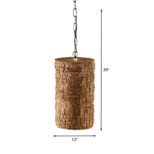 Industrial Brown Resin Pendant Ceiling Lamp - Timber Pile Design - 1 Light Cylinder Hanging Light Kit