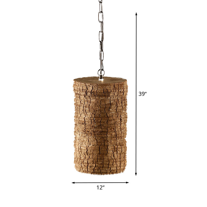 Industrial Brown Resin Pendant Ceiling Lamp - 1 Light Cylinder Hanging Kit With Timber Pile Design