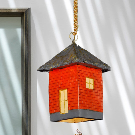 Antiqued Red Resin House Suspension Light: 1-Bulb Restaurant Ceiling Fixture