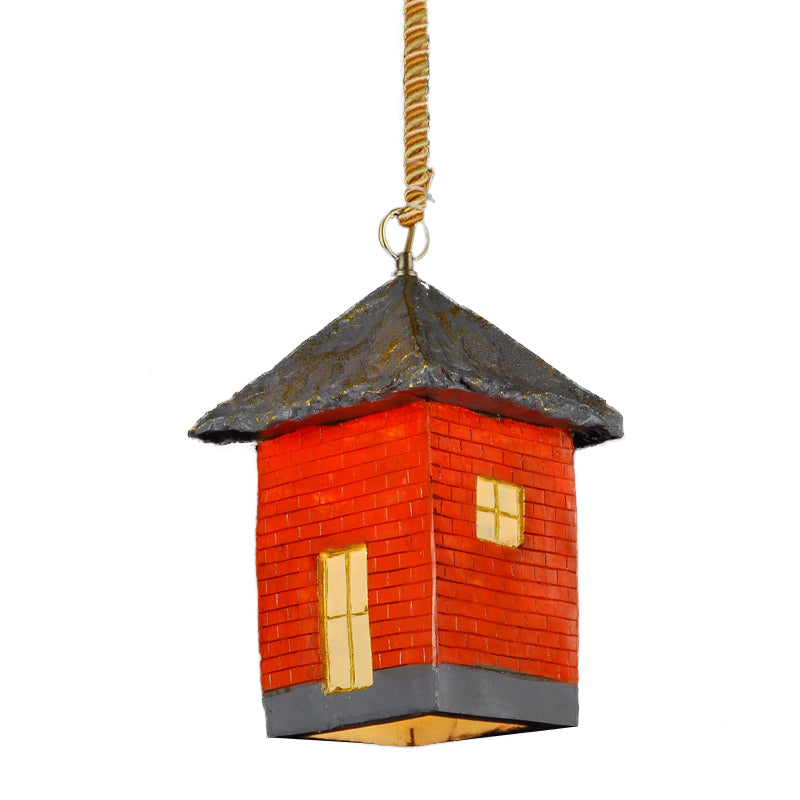 Antiqued Red Resin House Suspension Light: 1-Bulb Restaurant Ceiling Fixture