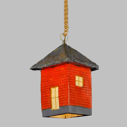 Antiqued Red Resin House Suspension Light: 1-Bulb Restaurant Ceiling Fixture