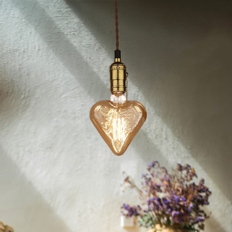 Amber Glass And Brass Industrial Heart Pendant Lamp With Down Lighting