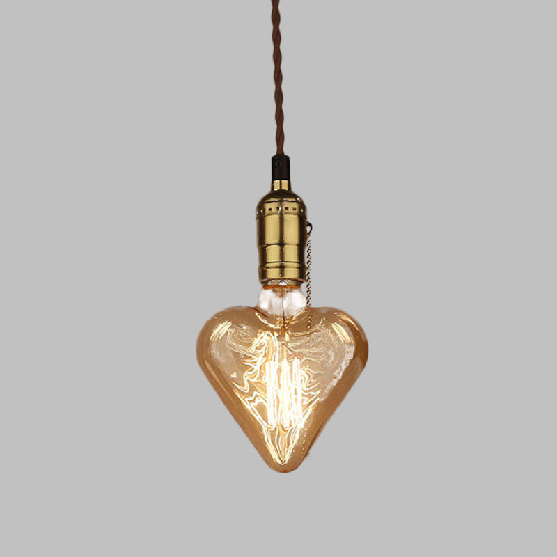 Amber Glass Pendant Lamp: Industrial Brass Heart Shape Down Lighting