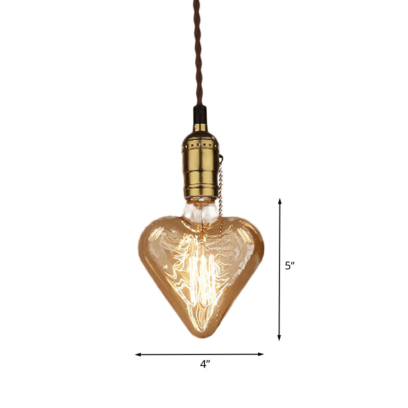 Amber Glass Pendant Lamp: Industrial Brass Heart Shape Down Lighting