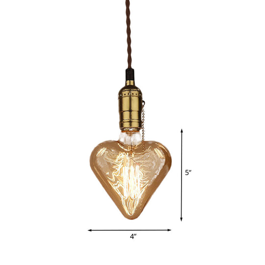 Amber Glass Pendant Lamp: Industrial Brass Heart Shape Down Lighting