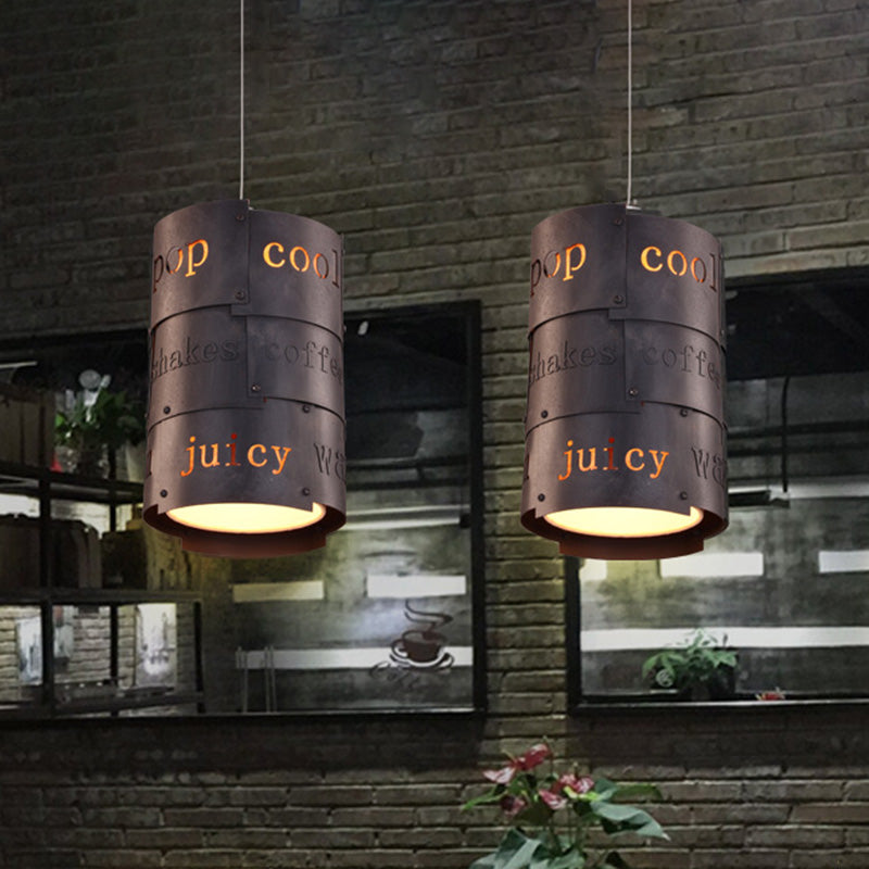 Industrial Black Metal Hanging Light Kit- 1 Cylinder Pendant Lamp For Suspended Restaurant Lettering