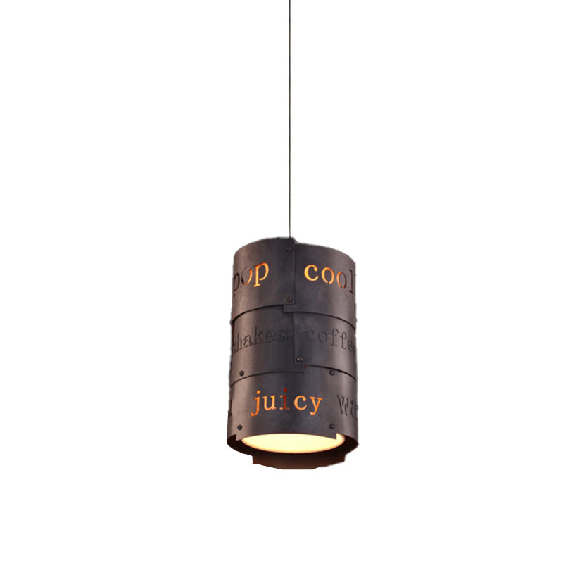 Industrial Black Metal Hanging Lettered Pendant Lamp Kit - 1-Light Cylinder, Ideal for Restaurants