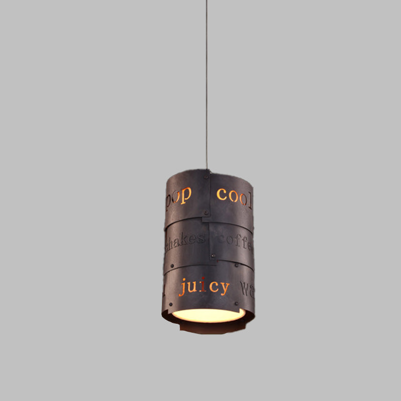 Industrial Black Metal Hanging Light Kit- 1 Cylinder Pendant Lamp For Suspended Restaurant Lettering