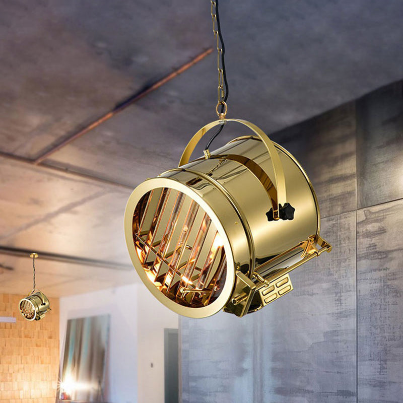 Stainless Steel Gold Pendant Drum Light Fixture - Art Deco Spotlight With Handle For Office