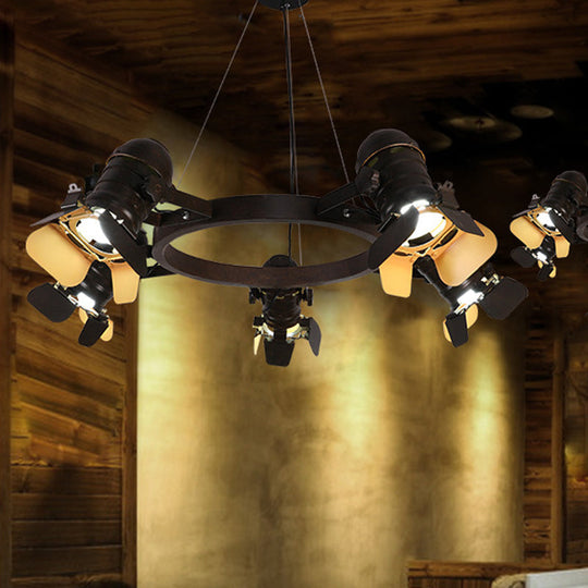 Art Deco Camera Pendant Chandelier - 5 Lights, Metallic Hanging Ceiling Lamp in Black with Ring Design