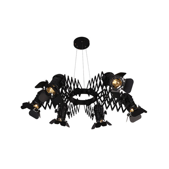 Art Deco Iron Camera Chandelier Pendant Lamp - Black 5-Head Spotlight With Telescopic Arm