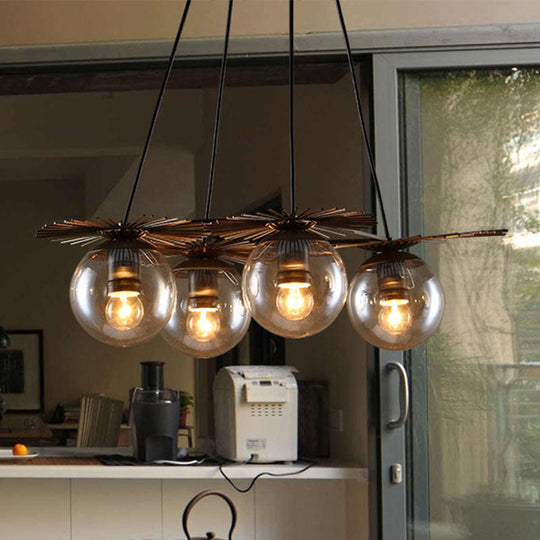 Industrial Coffee House Pendant Light Fixture with Amber Glass Shade - 4 Bulbs Ceiling Chandelier