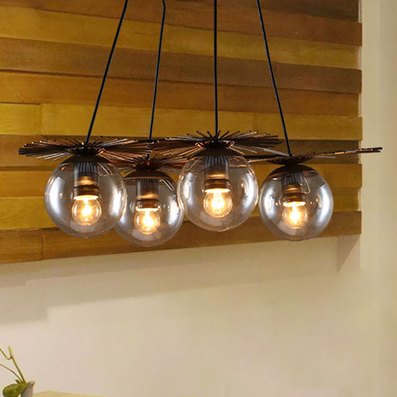 Industrial Coffee House Pendant Light Fixture With Amber Glass Shade - 4 Bulbs Ceiling Chandelier