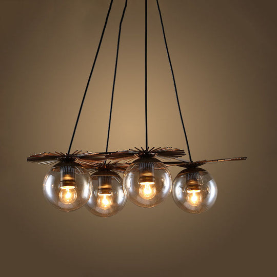 Industrial Coffee House Pendant Light Fixture with Amber Glass Shade - 4 Bulbs Ceiling Chandelier