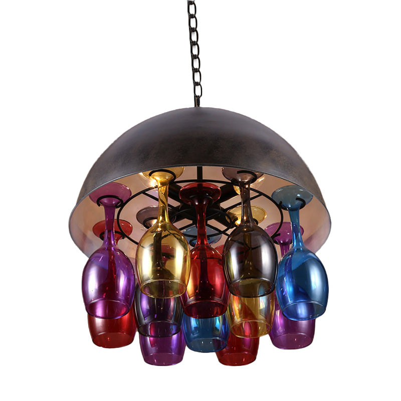 Vintage 4-Light Dome Iron Hanging Chandelier: Restaurant Pendant Lamp in Black with Colorful Wine Cup Deco