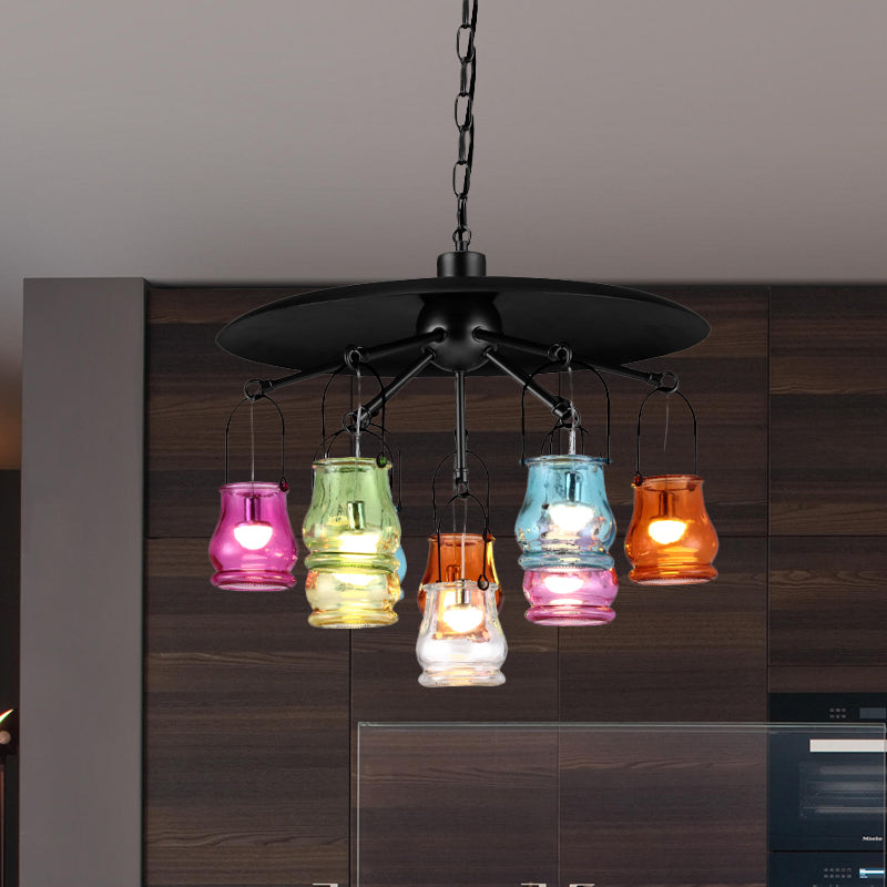 10-Head Industrial Can Pendant Lighting: Arc Colorful Glass Chandelier in Black/Rust/Gold with Metal Top