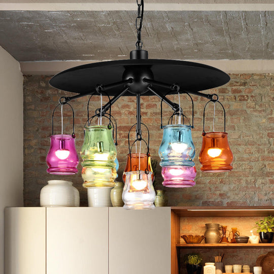 10-Head Industrial Can Pendant Chandelier With Colorful Glass In Black/Rust/Gold