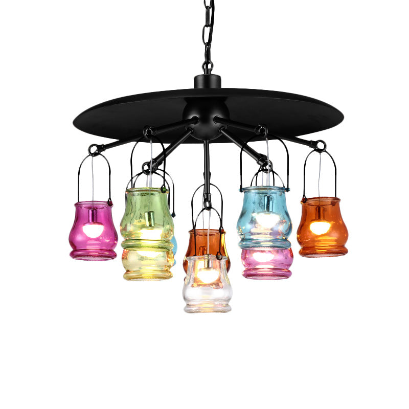 10-Head Industrial Can Pendant Lighting: Arc Colorful Glass Chandelier in Black/Rust/Gold with Metal Top