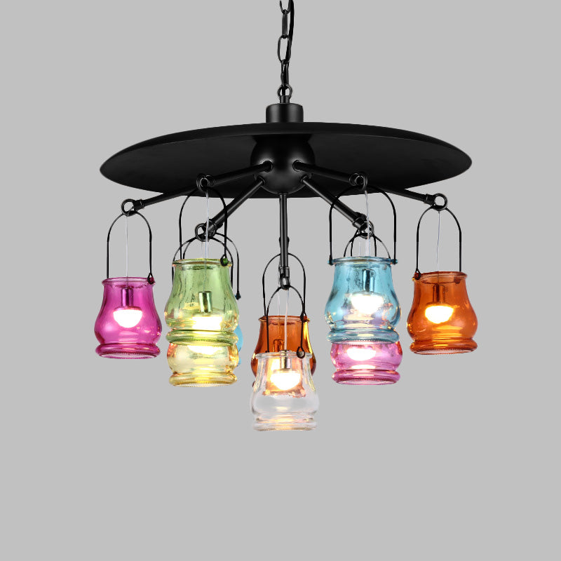 10-Head Industrial Can Pendant Lighting: Arc Colorful Glass Chandelier in Black/Rust/Gold with Metal Top