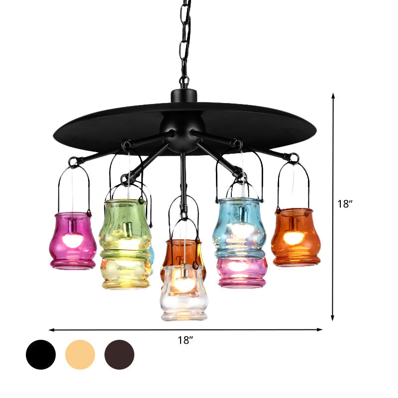 10-Head Industrial Can Pendant Lighting: Arc Colorful Glass Chandelier in Black/Rust/Gold with Metal Top