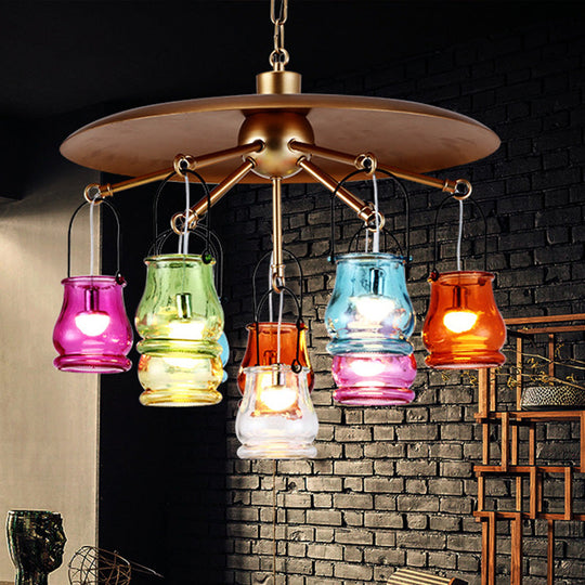 10-Head Industrial Can Pendant Lighting: Arc Colorful Glass Chandelier in Black/Rust/Gold with Metal Top