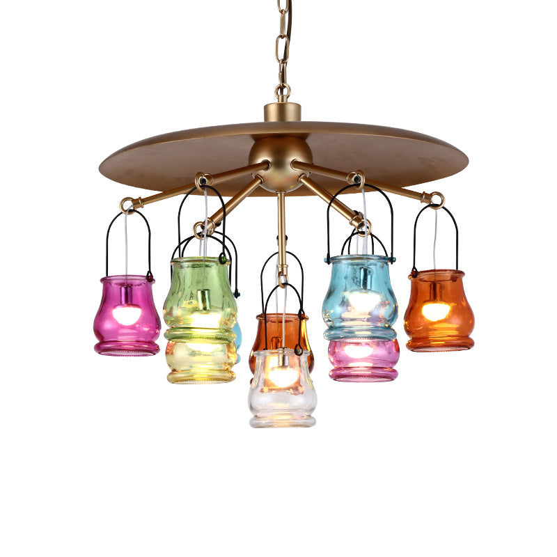 10-Head Industrial Can Pendant Lighting: Arc Colorful Glass Chandelier in Black/Rust/Gold with Metal Top