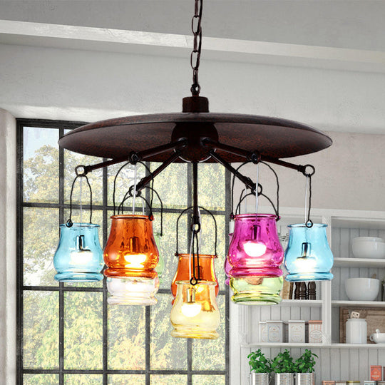 10-Head Industrial Can Pendant Lighting: Arc Colorful Glass Chandelier in Black/Rust/Gold with Metal Top