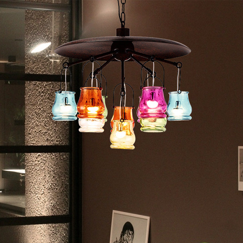 10-Head Industrial Can Pendant Chandelier With Colorful Glass In Black/Rust/Gold