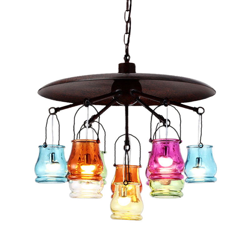 10-Head Industrial Can Pendant Lighting: Arc Colorful Glass Chandelier in Black/Rust/Gold with Metal Top