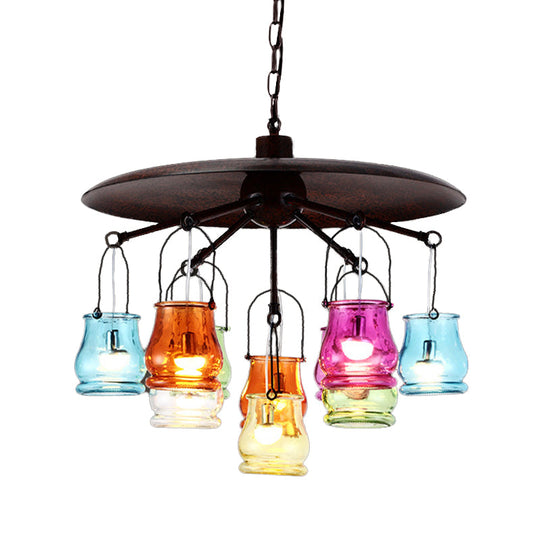 10-Head Industrial Can Pendant Chandelier With Colorful Glass In Black/Rust/Gold